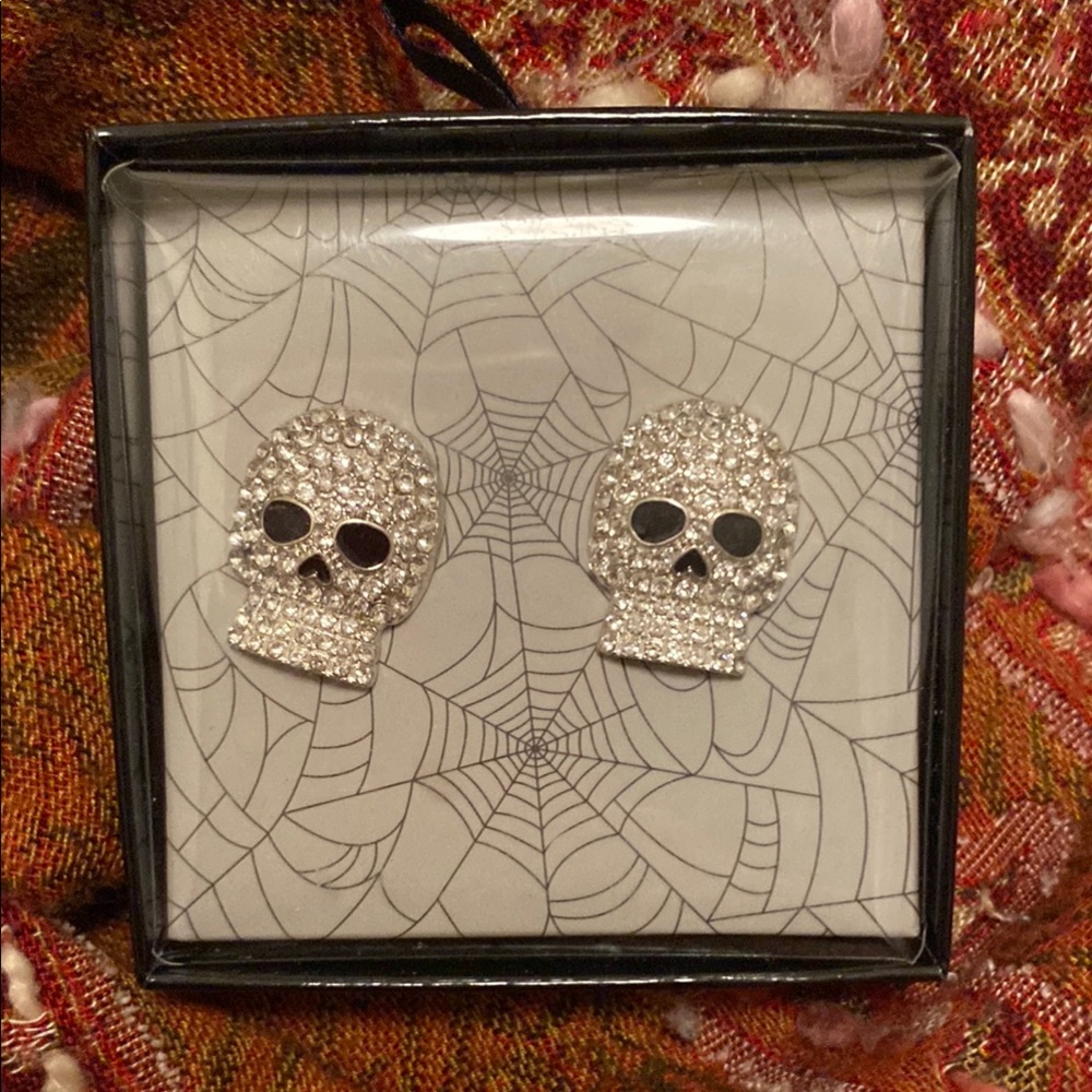Large Silvertone Skull Earrings with Rhinestones & Black Enamel Eyes & Nose